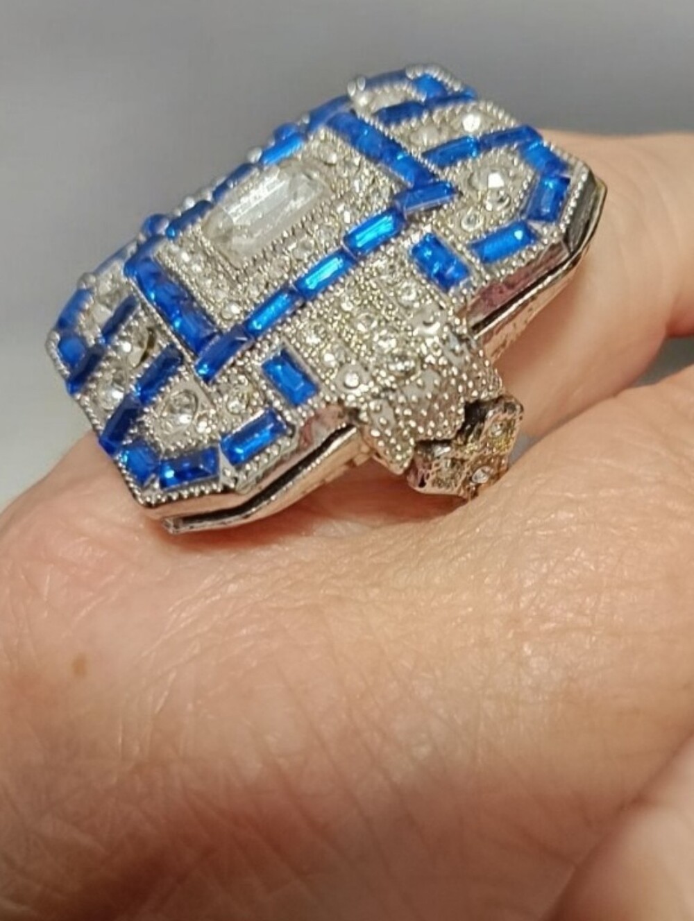 Art Deco Silver CZ Blue Crystal Statement Large Cocktail Ring